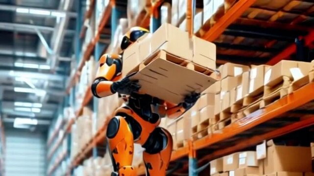 A futuristic robot equipped with artificial intelligence handles logistics by carrying boxes in a warehouse