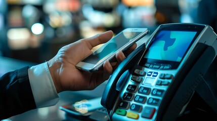 Businessman Hand Using Mobile Phone to Connect Digital Wallet Mobile banking online finance ecommerce Smart Ewallet Financial and Economy : Generative AI