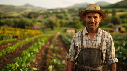 Local Farmer Standing Proudly Among Rows of Vibrant Crops on Sunny Afternoon in Rural Valley. Generative AI