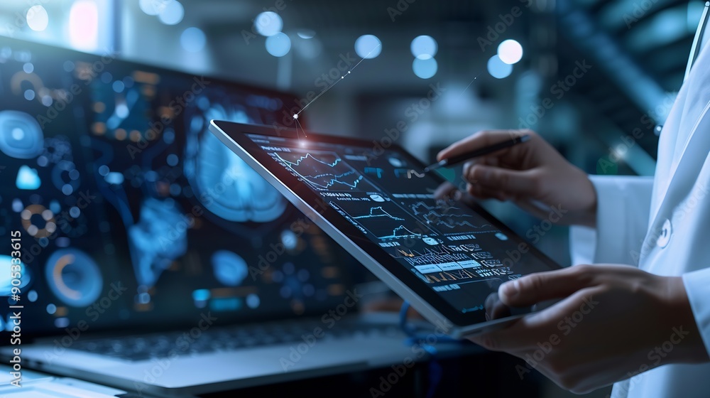 Aufkleber Medical technology EMRs Electronic medical record system concept Doctor using digital tablet laptop computer with electronic health data and  internet network connection virtual hospit : Generative AI