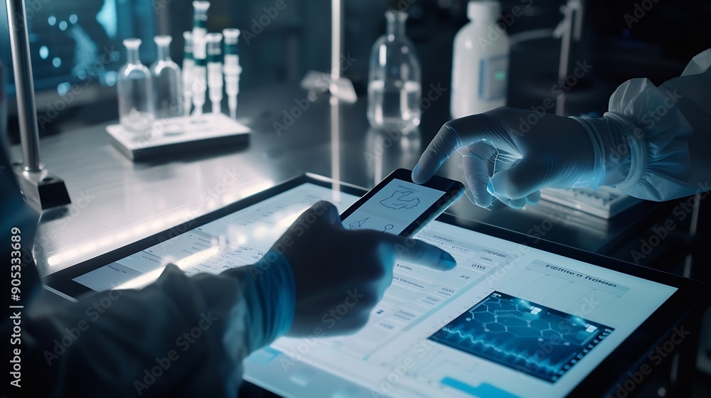 Aufkleber Scientist hand tablet and hologram in laboratory with typing chart data and 3d overlay for pharma development Pharmaceutical person digital touchscreen and press on holographic dashboa : Generative AI