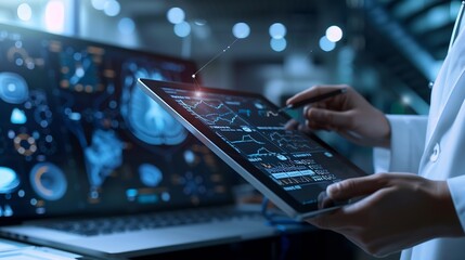 Medical technology EMRs Electronic medical record system concept Doctor using digital tablet laptop computer with electronic health data and  internet network connection virtual hospit : Generative AI