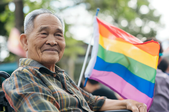 Senior Man Holding LGBTQ Rainbow Flag Outdoors Celebrating Pride and Diversity