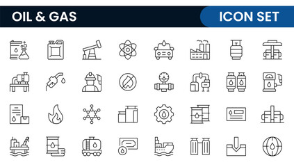 Set of Oil Gas Industry Line Icons. Contains such Icons as Gas Station, Oil Factories, Transportation, and more. line icon set.