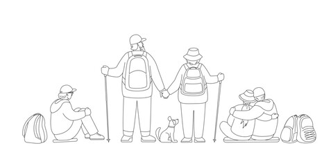 Set of traveling people with dog and backpacks. Back view. Senior adult stand, cuddle couple sits.  Vector isolated illustration in line style.