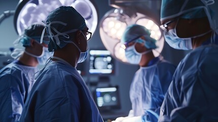 Image of round scanner against diverse male and female surgeons discussing before surgery Medical healthcare technology concept : Generative AI