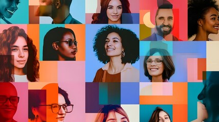 Diverse group of people smiling in a colorful collage