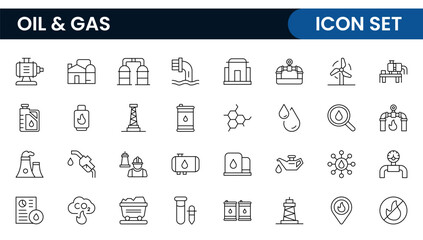 Set of Oil Gas Industry Line Icons. Contains such Icons as Gas Station, Oil Factories, Transportation, and more. line icon set.