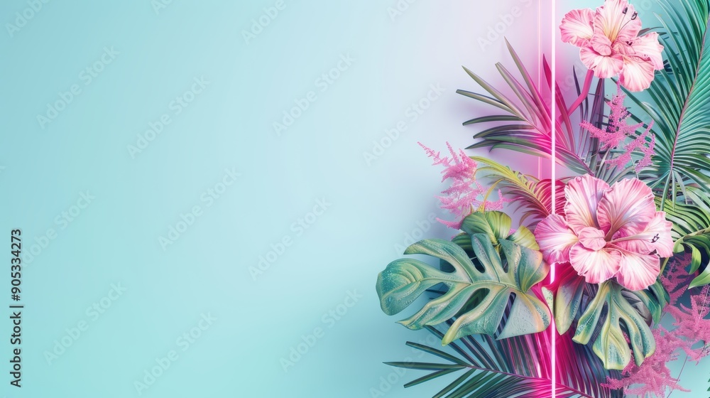 Poster an artistic border made of neon lights and foliage, adding a dynamic and energetic element to any de