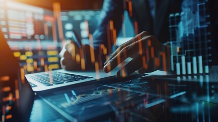 Banking business finance and investment concept Businessman analyzing market data financial graph report economic growth business strategy planning and solution risk management : Generative AI