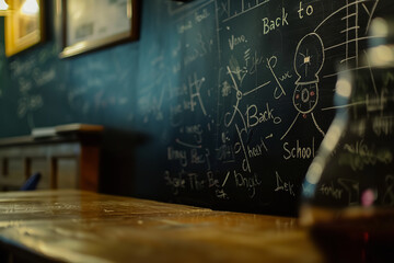 Fototapeta premium An abstract view of a black chalkboard, densely inscribed with intricate scientific formulas, dominates the scene.