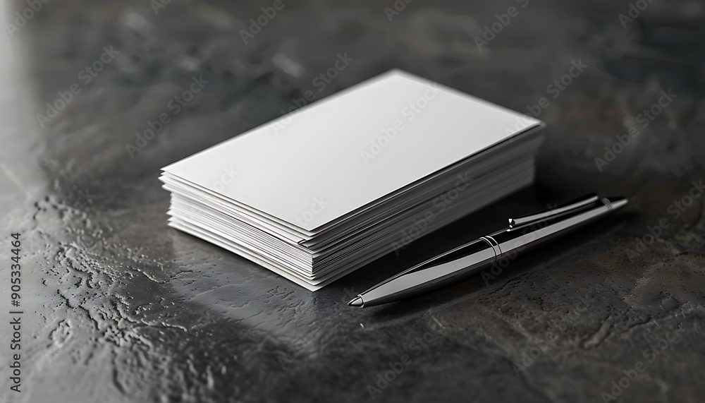 Aufkleber solid gray background with stack of business cards and pen, ample copy space