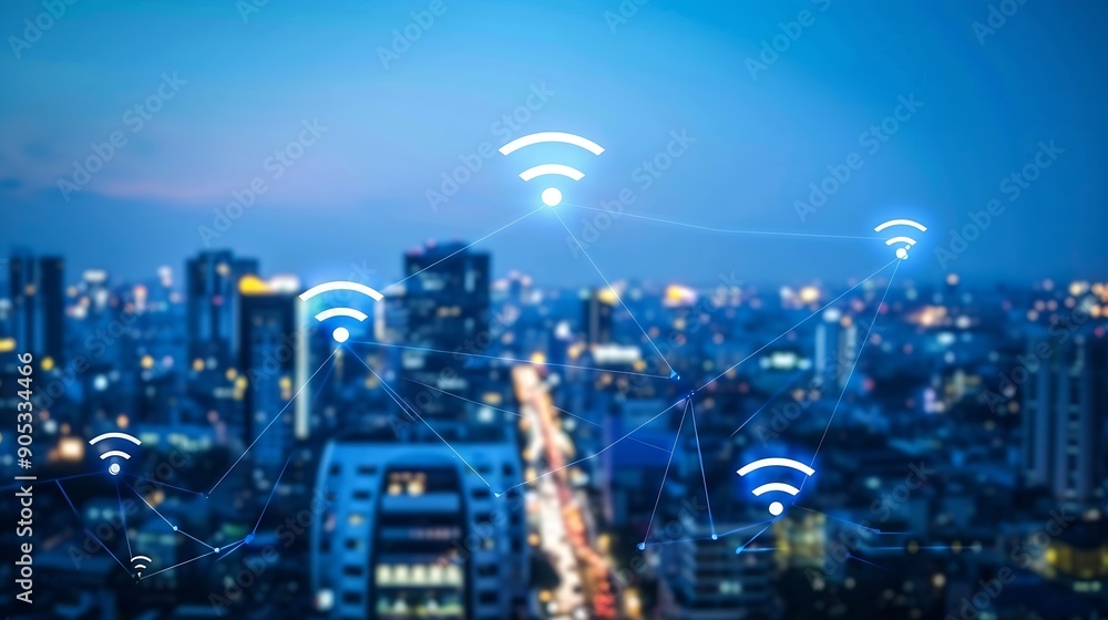 Poster Wireless network and Connection technology concept with Abstract buildings and city background : Generative AI