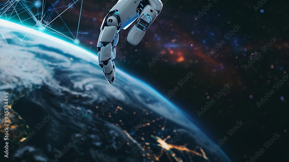 Aufkleber Robot hand with network connection on earth Artificial intelligence and digital technology connection internet big data analytics and business concepts ecommerce social networking AI : Generative AI