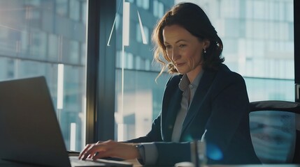 Happy mature business woman entrepreneur in office using laptop at work smiling professional middle aged 40 years old female company executive wearing suit working on computer at workp : Generative AI
