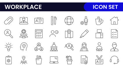 Workplace web icons in line style. Employ, conference, project, document, business, work, support, contact us, productivity strategy, collection.