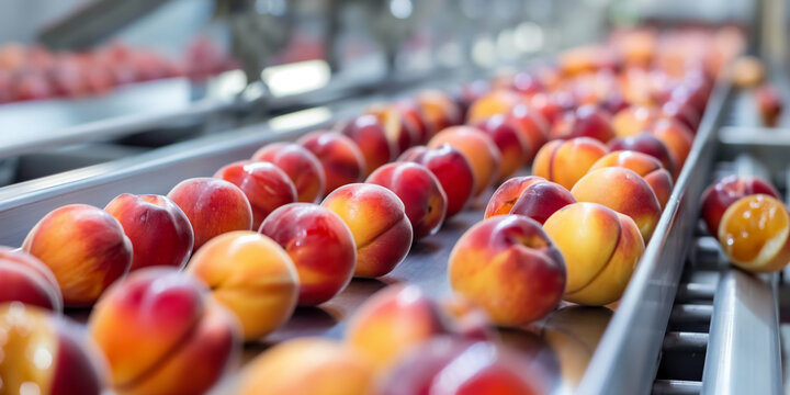 Fresh Peaches on Conveyor Belt in Fruit Processing Plant