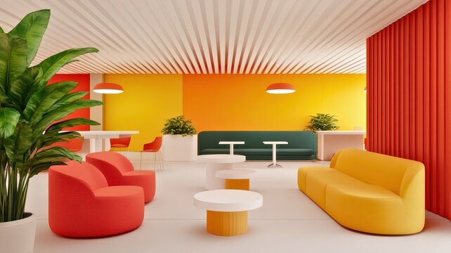Bright and modern lounge area featuring colorful furniture and plants, perfect for relaxation or collaborative work.