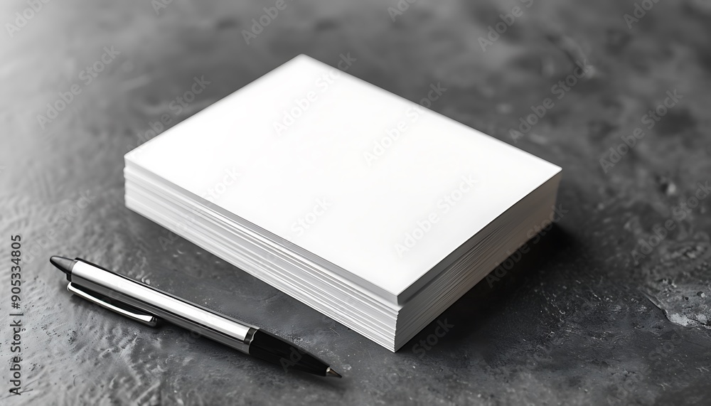 Aufkleber solid gray background with stack of business cards and pen, ample copy space