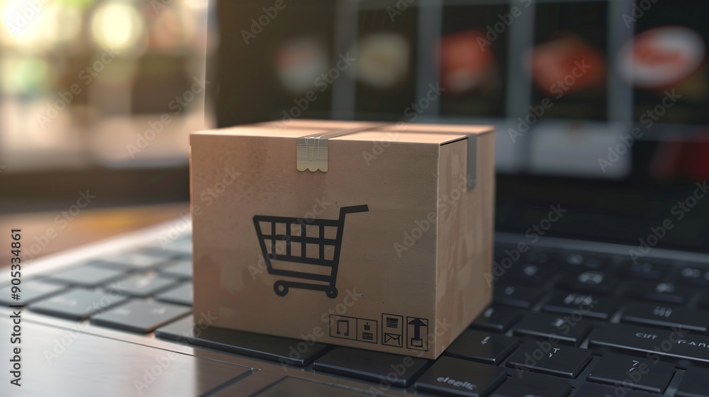 Poster shopping online cardboard box with a shopping cart logo in a trolley on laptop keyboard shopping ser