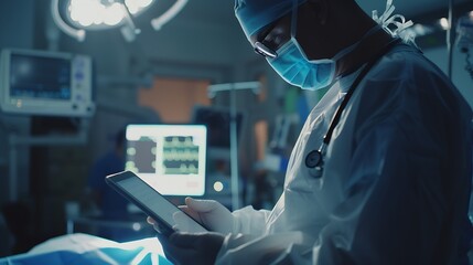 Doctor Utilizing Advanced Digital Tablet Technology in Modern Healthcare Medical Professional in Operating Room Analyzing RealTime Patient Data CuttingEdge Medical Innovations and solu : Generative AI