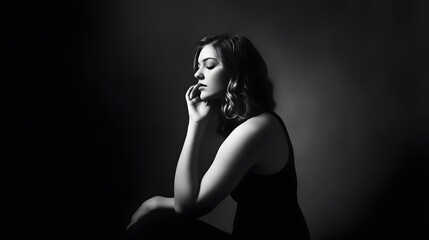 A young woman sits in a contemplative pose, her face bathed in soft light.