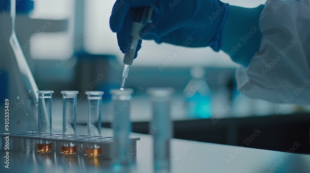 Leinwandbilder medical development research laboratory chemist or science scientist student hand in glove drop wate