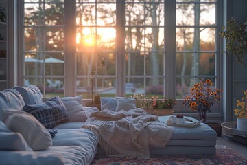 Sunlit cozy corner in a greenhouse conservatory, showcasing a blend of modern design and lush greenery