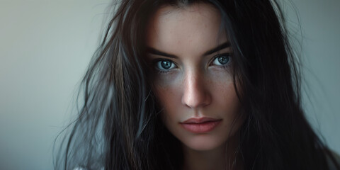 Naklejka premium Portrait of Woman with Intense Blue Eyes and Messy Dark Hair in Natural Light Setting