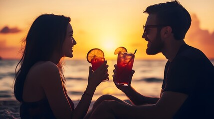 Silhouette of a couple toasting with cocktails at sunset.