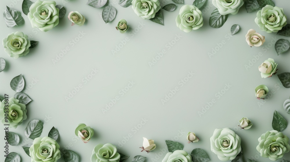 Poster a border of vibrant green roses, arranged in a minimalist pattern to form a striking frame. the imag