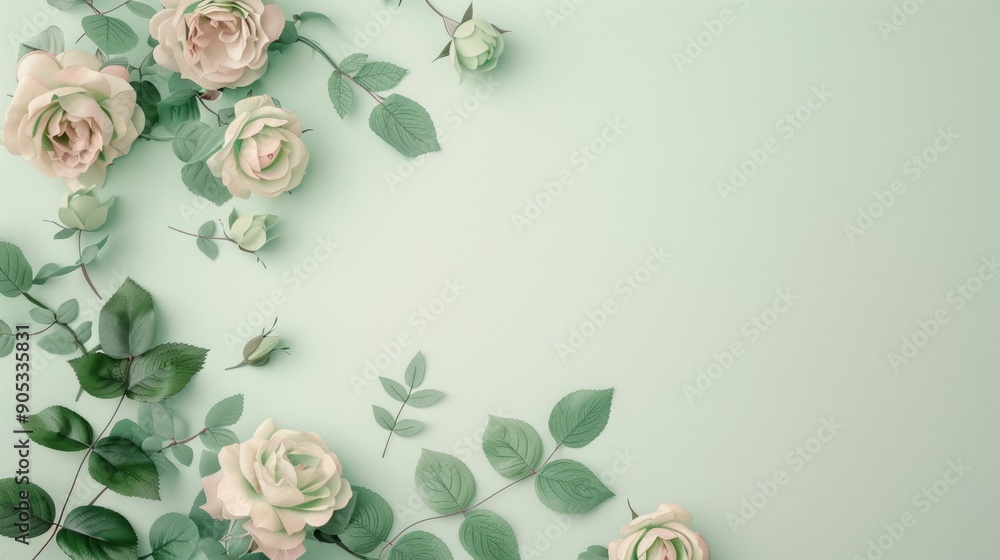 Poster a border of green roses, arranged in a minimalist style to create a clean and sophisticated frame. t