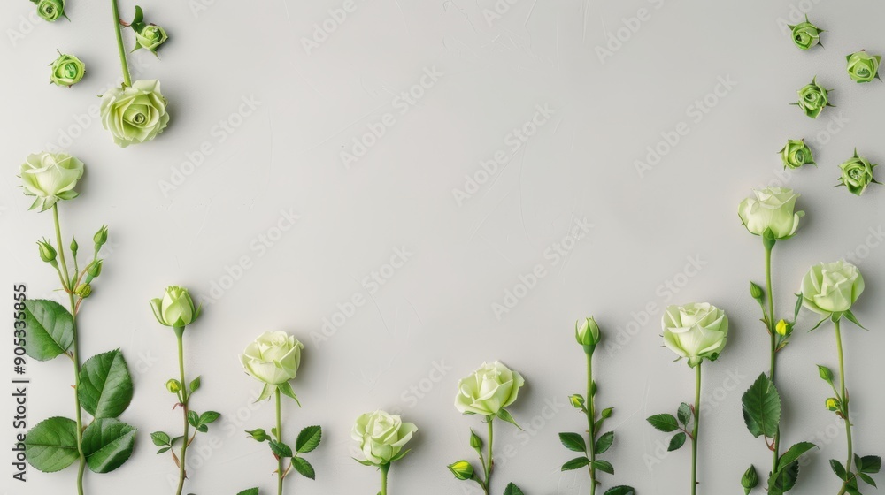 Poster a border of delicate green roses, arranged in a minimalist fashion to create a simple yet elegant fr