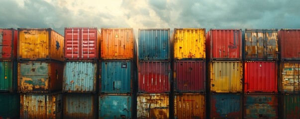 Fototapeta premium Weathered shipping containers at port. Weathered shipping containers stacked at a port, showcasing the durability and history of containers in global logistics.