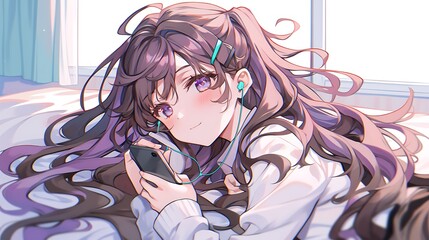 Cute anime girl with purple eyes and long brown hair listening to music on her phone while lying in bed.