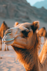 Close Up of a Camel in a Desert Landscape at Sunset