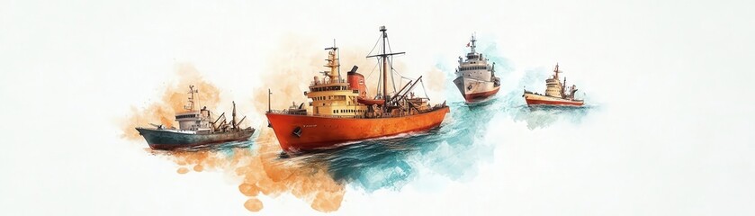 Fototapeta premium Watercolor painting of four ships at sea, showcasing nautical art and maritime adventure with vibrant colors and detailed craftsmanship.