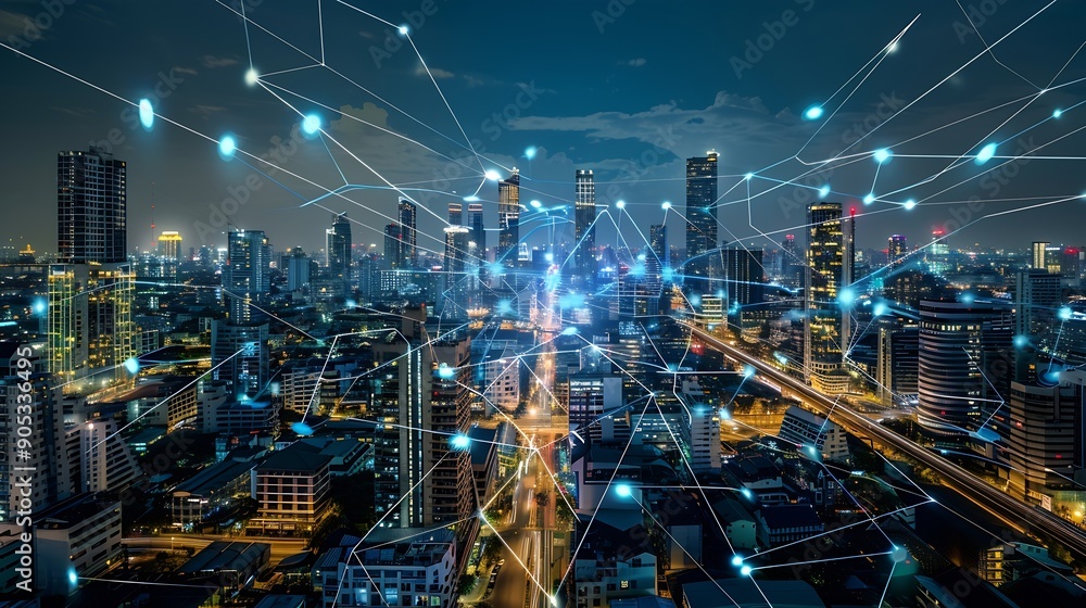 Aufkleber energy digitalization smart city with wireless network and connection technology concept with abstra