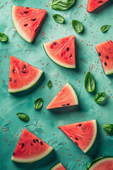 Summer creative background with refreshing red watermelon. Ripe, fresh, tasty and sweet watermelon, summer pattern design.
