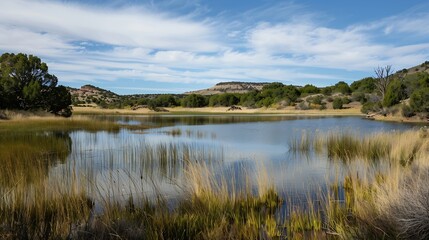 Fototapeta premium Storrie Lake State Park Recreations area in Las Vegas New Mexico : Generative AI