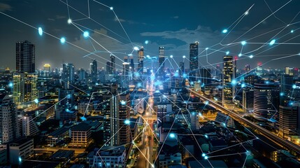 Energy Digitalization Smart city with Wireless network and Connection technology concept with Abstract Bangkok city background : Generative AI