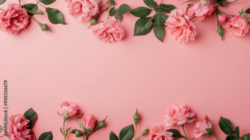 Poster a delicate border of pink roses, arranged in a minimalist style with clean lines and a soft color pa