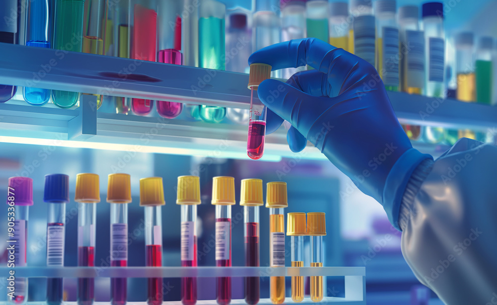 Aufkleber a scientist in a laboratory using a pipette to transfer liquid into test tubes.