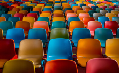 Naklejka premium An arrangement of colorful plastic chairs in rows, displaying a vibrant pattern of different hues.