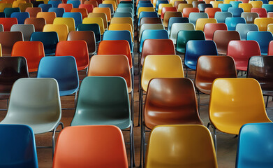 An arrangement of colorful plastic chairs in rows, displaying a vibrant pattern of different hues.