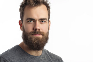 medium shot frames the subject's face andshoulders against a clean white background