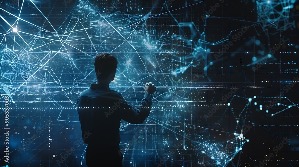 Fototapete Digital transformation internet network technology big data futuristic technology background man using computer with global network connection data link and exchange on virtual screen : Generative AI
