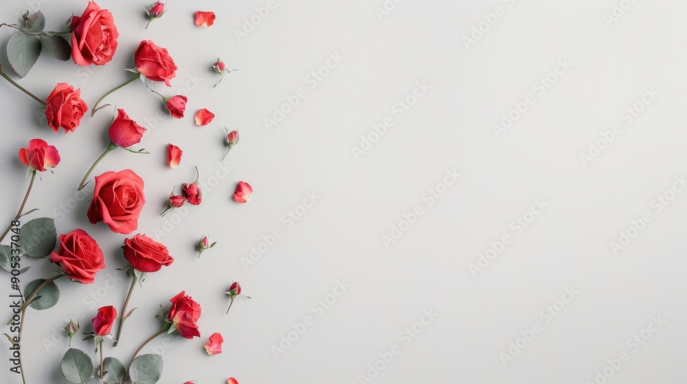 Poster a minimalistic border of vibrant red roses, elegantly framing a blank white space for adding text or