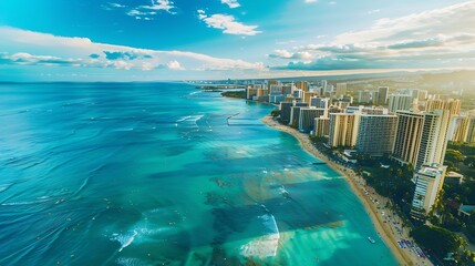 Fototapeta premium Aerial view of Waikiki Beach and cityscape Miami Beach Florida United States Government Cut South Pointe Park : Generative AI