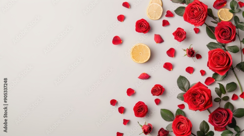 Poster a minimalistic border of vibrant red roses, elegantly framing a blank white space for adding text or